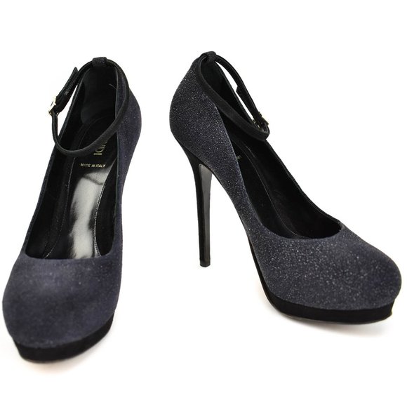 Fendi Shoes - FENDI: Midnight Blue/Black Shimmer, Leather & Logo Platform Heels/Pumps